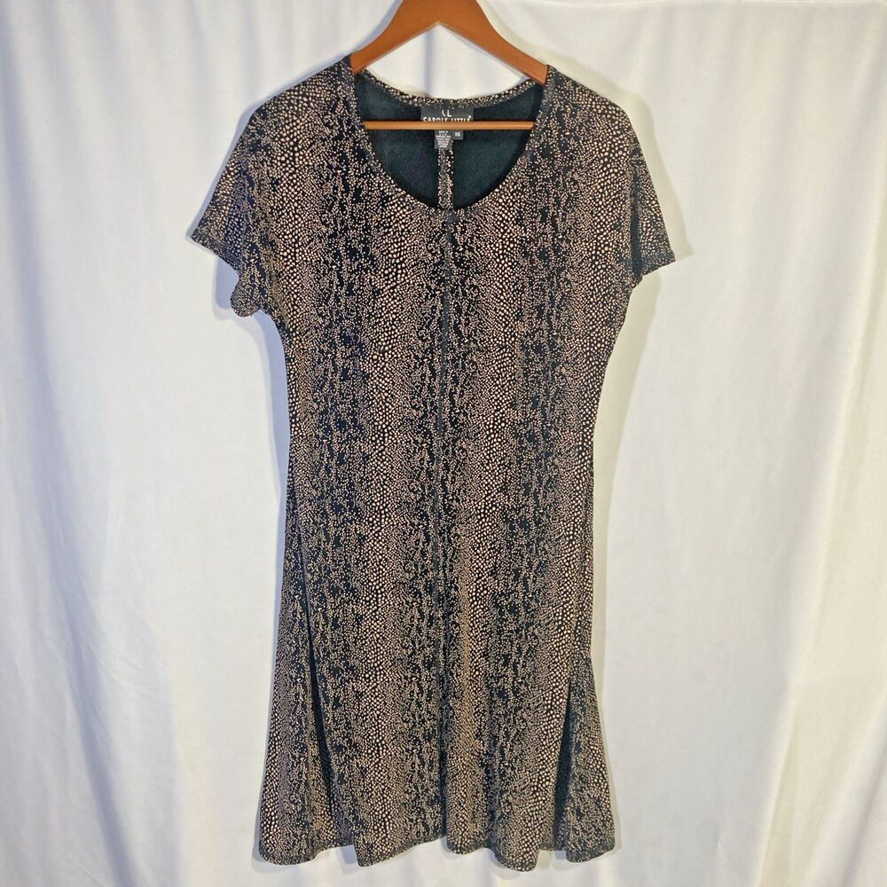 CAROLE LITTLE black brown snake skin print cap sleeve stretchy shift dress 16